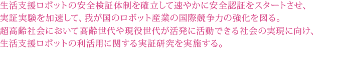 生活支援ロボットの安全検証体制を確立して速やかに安全認証をスタートさせ、 実証実験を加速して、我が国のロボット産業の国際競争力の強化を図る。